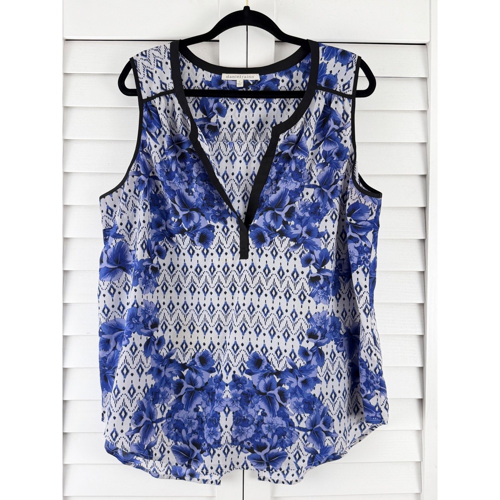 Daniel Rainn Sleeveless Blouse Women XL Blue Floral Ikat V-Neck Pleated Back